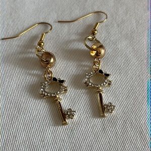 Gold Tone Jeweled Cat Key Earrings